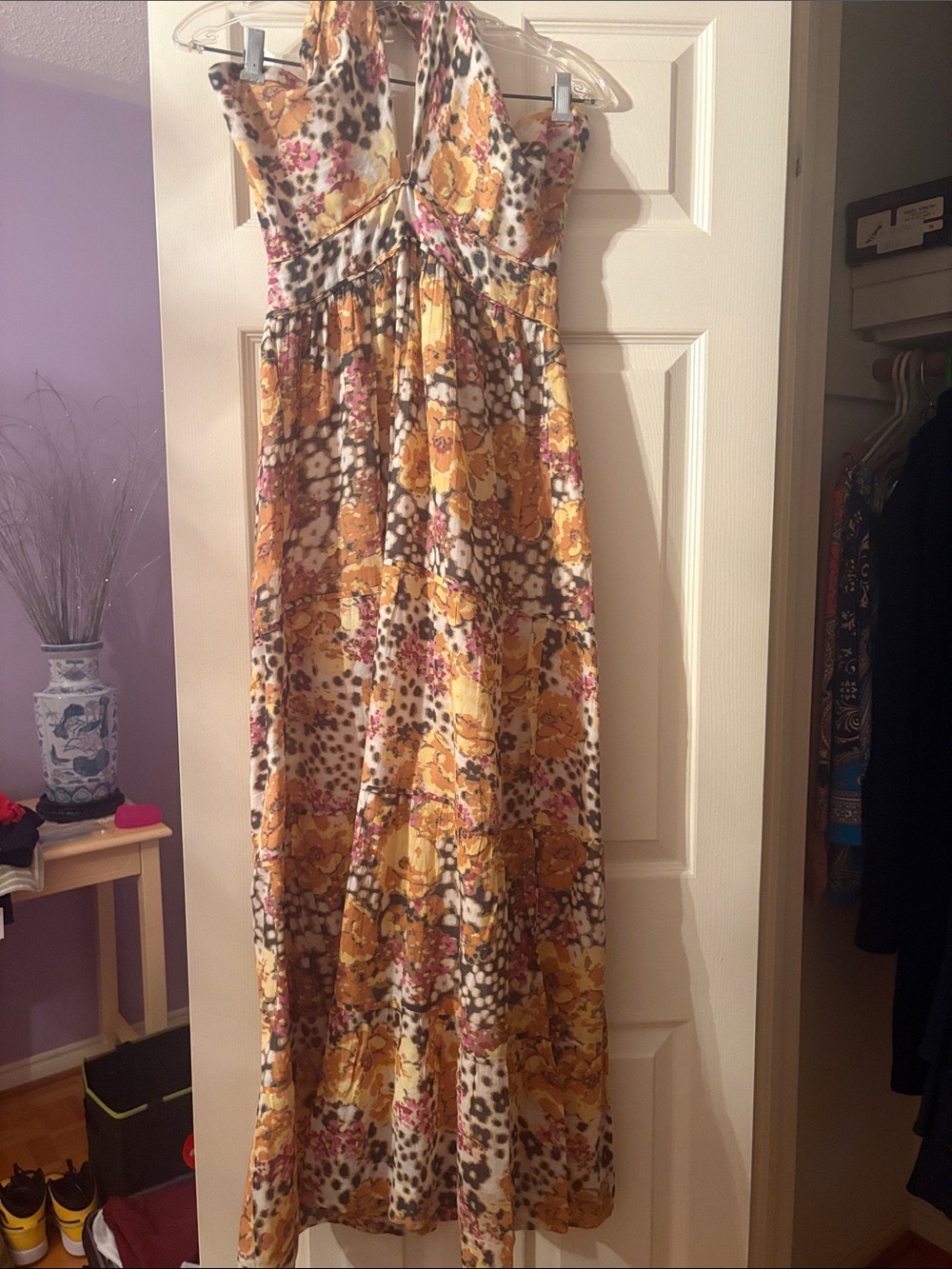 Strapless Floral Print Maxi Dress in Mustard and Brown